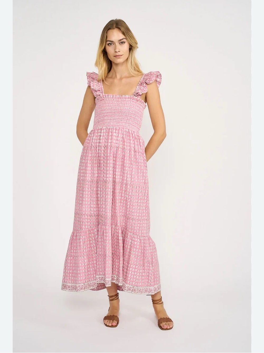 Marea Women's Pink Smocked Sasco Maxi Dress w/ Ruffle Straps in Lavender Thistle - Picture 6 of 11